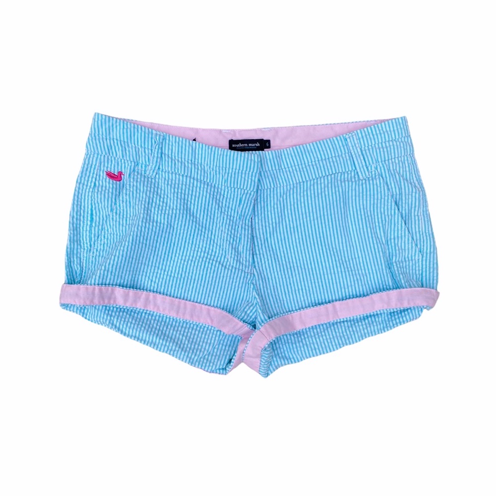 Southern Marsh Seersucker Brighton Shorts Turquoise White Striped Size 6